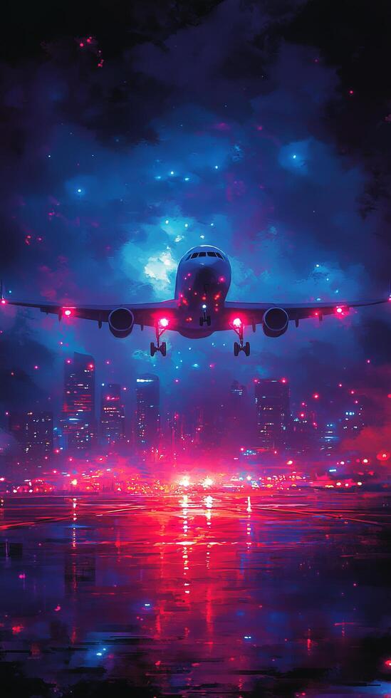 A Breathtaking Night Flight Over a Vibrant City, A Stunning Digital Art Piece of a Plane Landing at Night photo