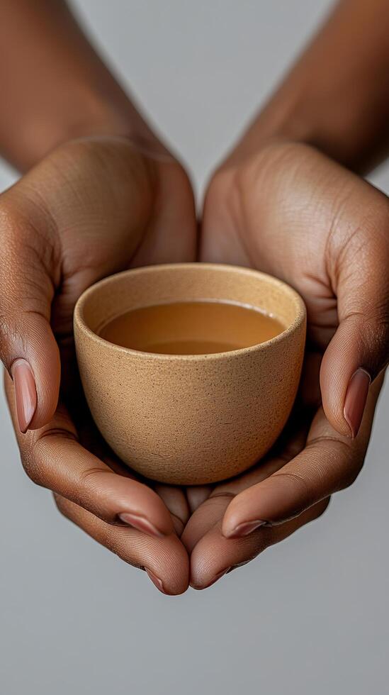 A Delicate Offering Warm Liquid Held in Tender Hands. A Stunning of a Handcrafted Ceramic Cup Filled with a Warm Beverage, Capturing the Essence of Tranquility and Hospitality. photo