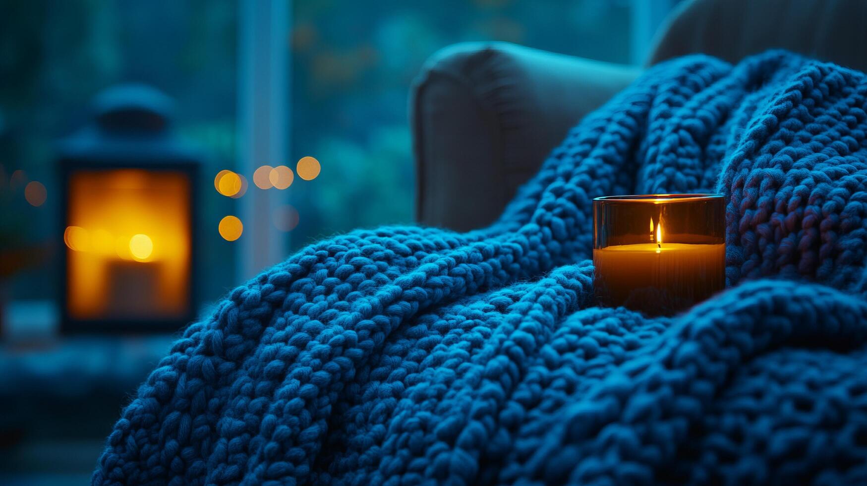 Serene Evening Ambiance Cozy Blue Knitted Blanket with Candlelight photo