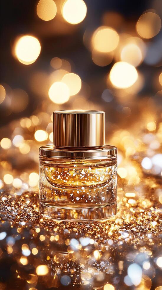 Luxurious Golden Perfume Bottle with Sparkling Glitter, Festive Holiday Fragrance, Elegant and Glamorous Scent for Special Occasions, Shimmering Gift for Christmas and New Year Celebration. photo