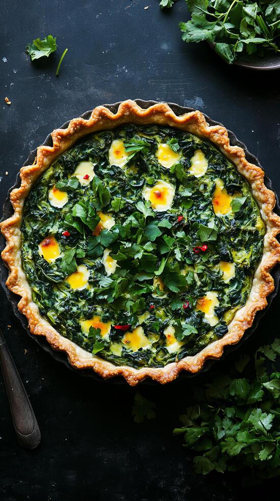 A quiche with eggs and spinach on a table photo
