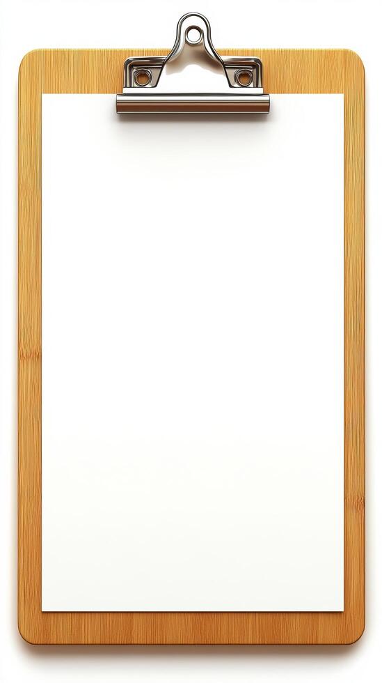 Blank Wooden Clipboard with White Paper A Simple, Clean Design for Notes, Lists, and Organization. Perfect for Office, School, or Home Use. Clean Background Texture for Mockups and Designs. photo