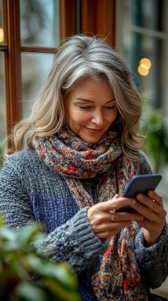 A smiling senior woman with gray hair is looking at her phone. She's wearing a cozy knit sweater and a patterned scarf. The image evokes feelings of warmth, comfort, and connection. photo