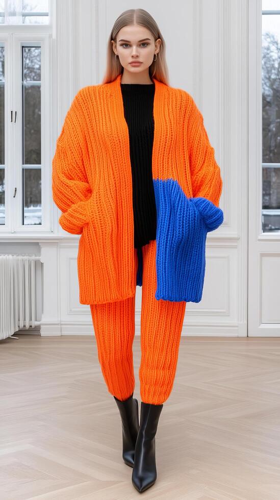 Vibrant Knitwear Fashion A Stylish Woman in a Chic Orange and Blue Cardigan and Pants Outfit. This modern and trendy look is perfect for autumn or winter, offering both style and comfort. photo