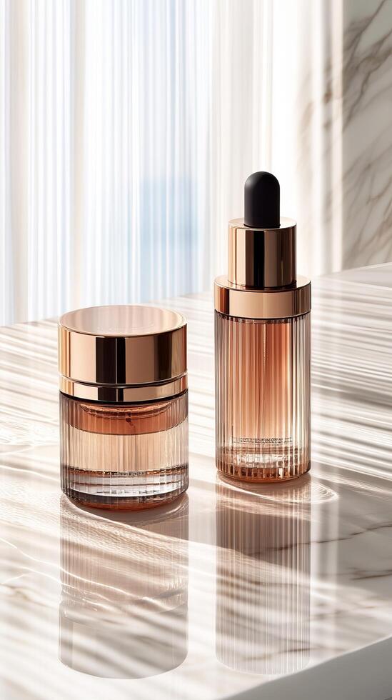 Luxurious Skincare Elegant Serum and Cream Bottles on Marble Surface. Premium Beauty Product Photography, Clean and Minimalist Aesthetic. High end Cosmetic Packaging Design. photo