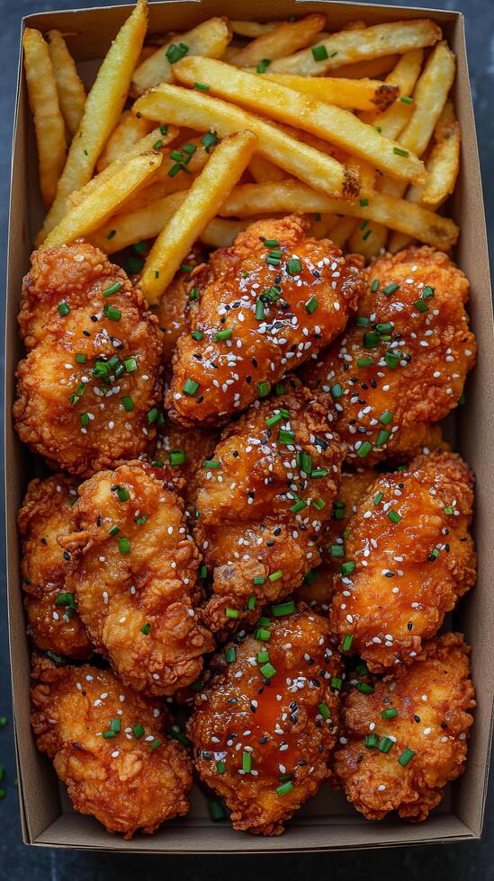 Chicken nuggets and french fries in a box photo