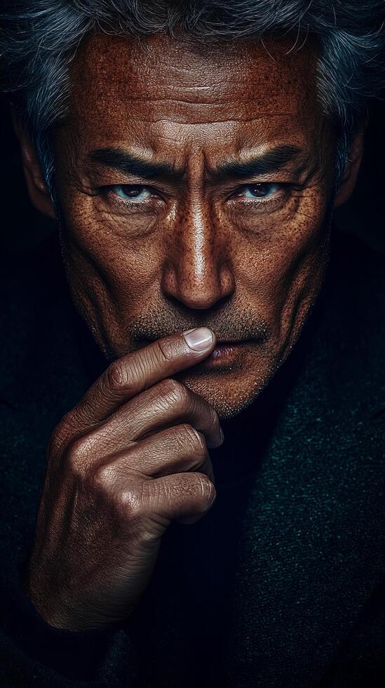 An asian man with grey hair and a black suit photo