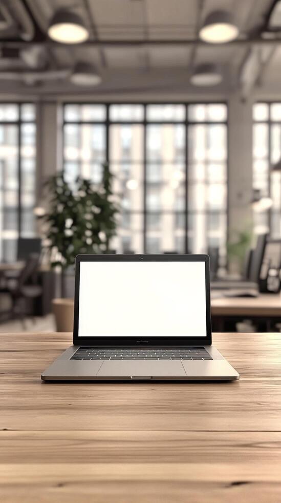 Laptop on wooden table in office with blank screen photo