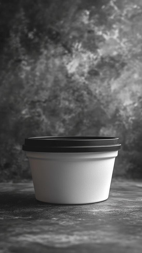 A black and white photo of a plastic container
