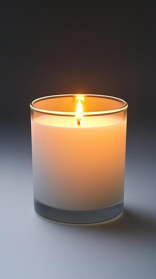Illuminating Ambiance A Serene Burning Candle in Glass. Perfect for creating a cozy, relaxing atmosphere at home. Find peace and tranquility with this warm, gentle glow. photo