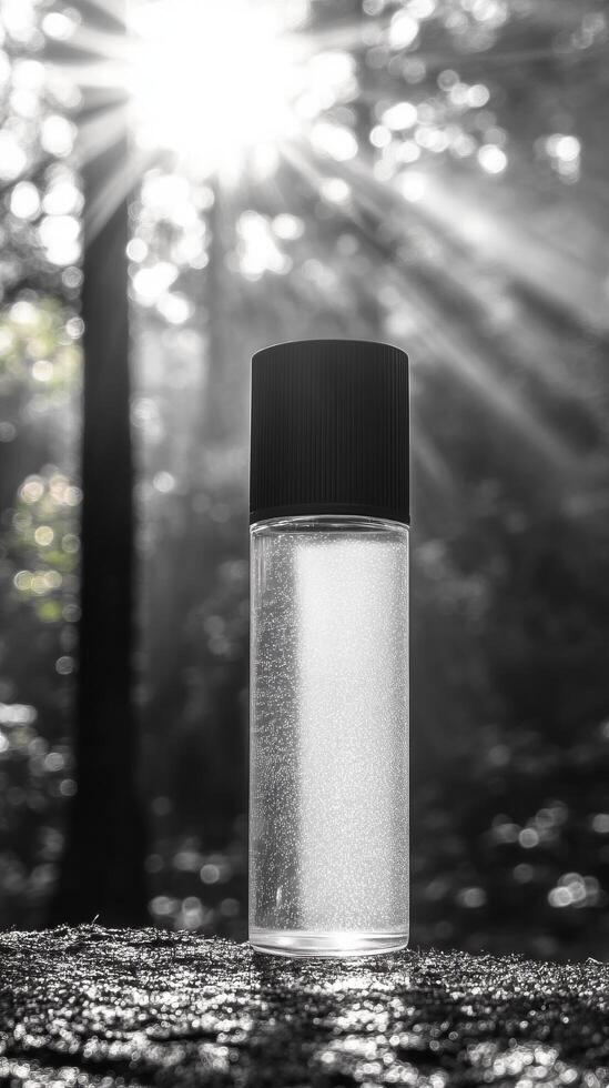 A bottle of water sitting on a rock in the woods photo