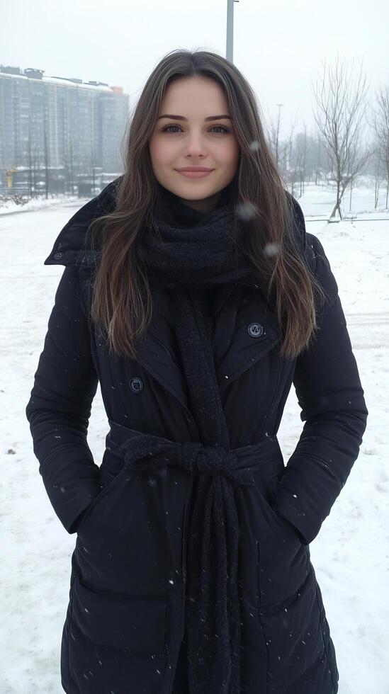 A woman in a black coat standing in the snow photo