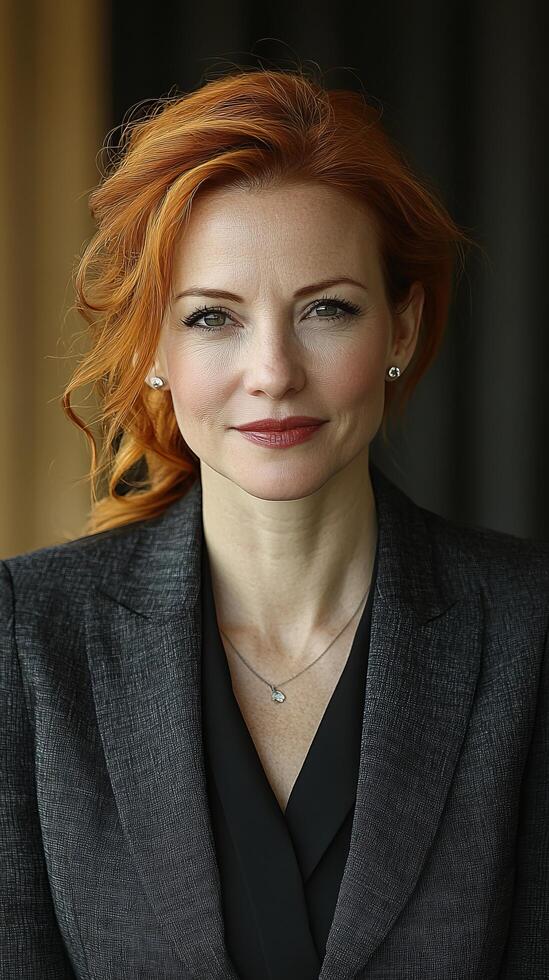 A woman with red hair wearing a suit and tie photo