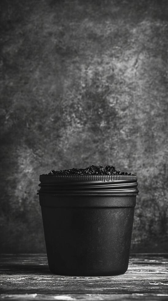 Black plastic container with black soil on a wooden table photo