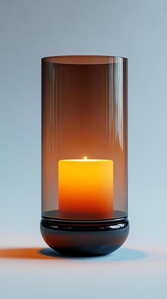 A candle is lit in a glass vase photo