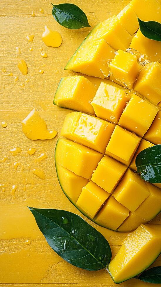 A yellow table with a mango cut into pieces photo