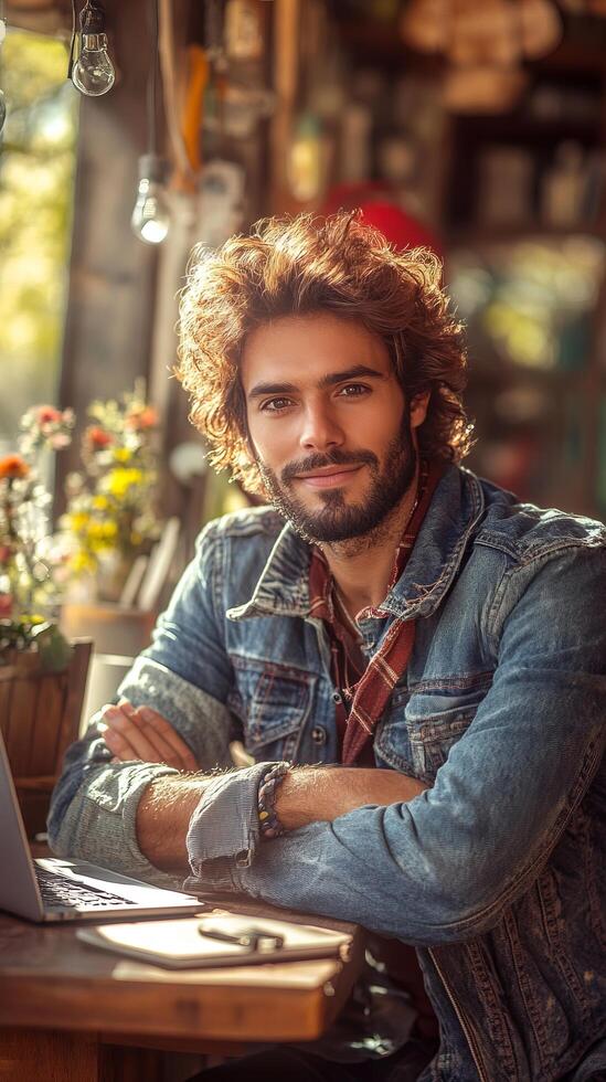 A man with long hair sitting at a table with a laptop photo