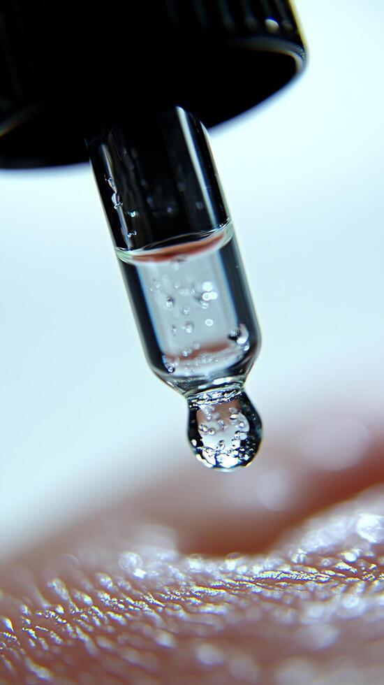 A captivating shot reveals the delicate moment a drop of transparent liquid falls from a glass pipette, showcasing the intricate photo