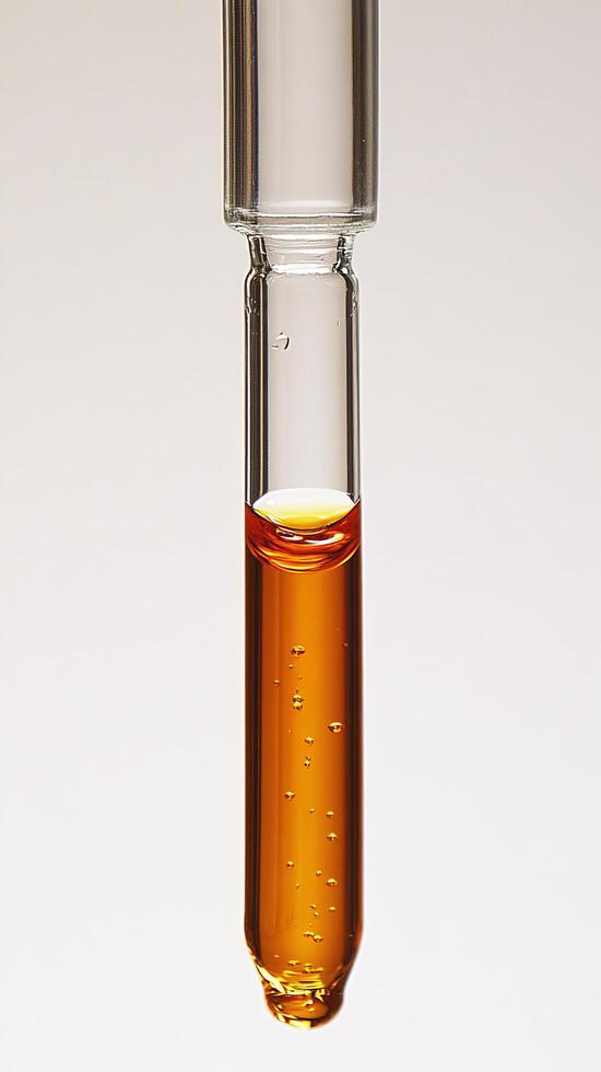 view of a glass pipette filled with a translucent amber liquid, suggesting a scientific experiment or medical procedure. The image photo