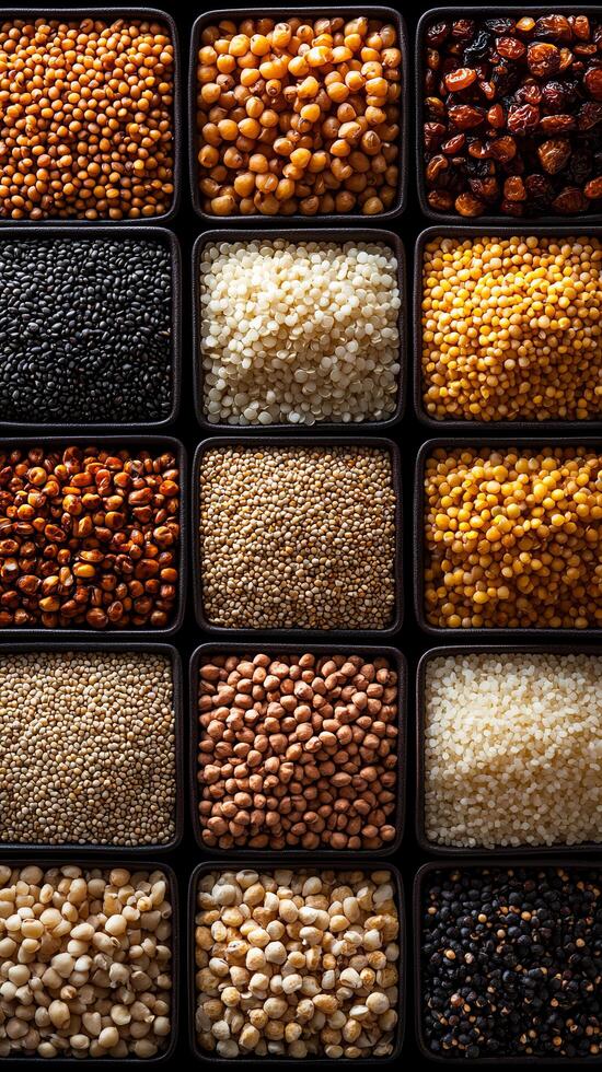 Aromatic Grains and Seeds A Culinary Journey Through Diverse Flavors and Textures. Explore the rich tapestry of colors and shapes, photo