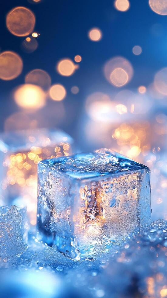 Ice Cube Macro Photography A Stunning of a Glistening Ice Cube on a Bed of Ice Crystals, Capturing the Beauty of Winters Frozen W photo