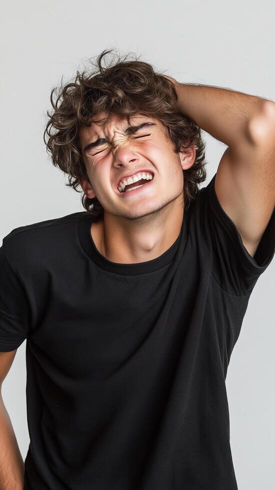 Portrait of a Young Man Experiencing Intense Frustration and Stress. The image captures a moment of emotional distress, showcasing photo