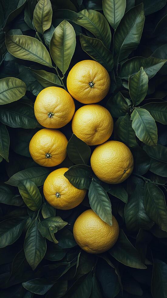 A captivating shot showcasing seven ripe, yellow lemons nestled amongst lush, dark green leaves. The vibrant colors and textures photo