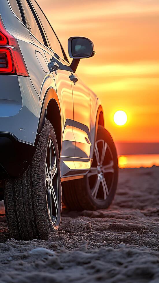Luxury SUV on a sandy beach at sunset. The golden hour light casts a warm glow on the vehicle, creating a stunning travel and adve photo