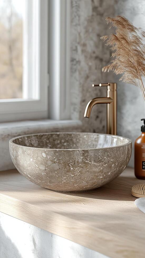 Modern Luxury Bathroom Design with Elegant Stone Sink and Minimalist Faucet. This image showcases a trendy and stylish bathroom in photo
