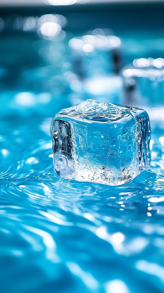 Ice Cube in Blue Water A Captivating Macro Photograph of a Single Ice Cube Floating in a Pool of Vibrant Blue Water, Showcasing it photo