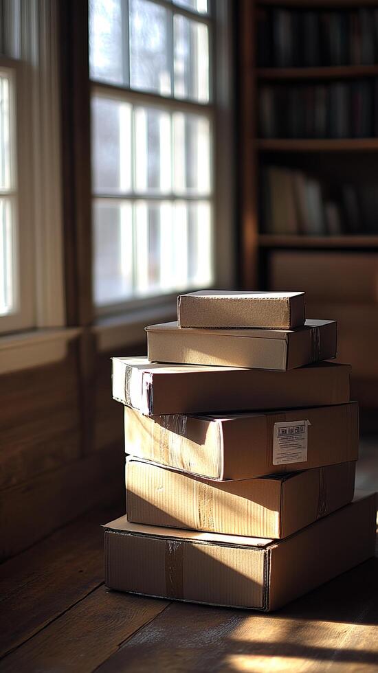 Sunlit Cardboard Boxes Stacked on Wooden Floor near Bookshelf, Home Interior Still Life Photography. Peaceful and Serene Atmospher photo