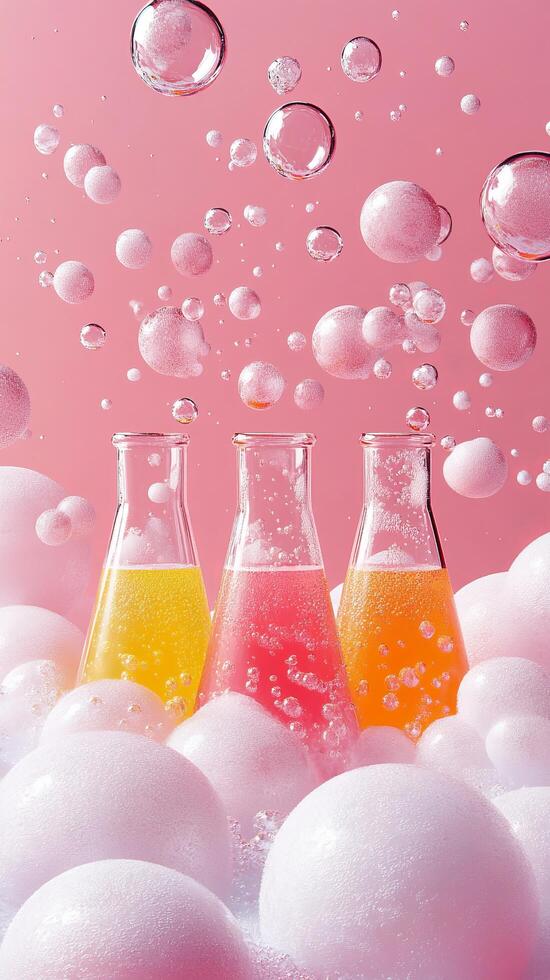 Three Colorful Fizzy Drinks in Erlenmeyer Flasks Surrounded by Bubbles and Foam on a Pink Background. A Refreshing Summer Beverage photo