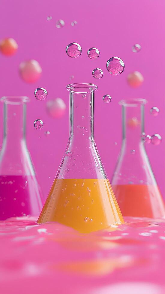 view of colorful liquids in glass flasks, creating a vibrant and dynamic scene. The image is perfect for science, chemistry, and l photo