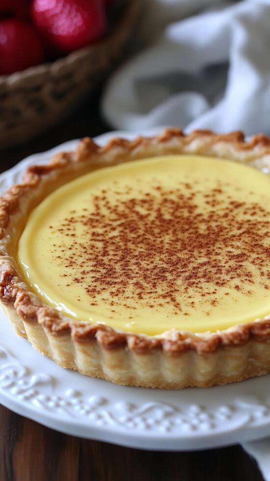 A delectable custard tart, its golden crust encasing a creamy, cinnamon dusted filling. A symphony of flavors and textures, this d photo