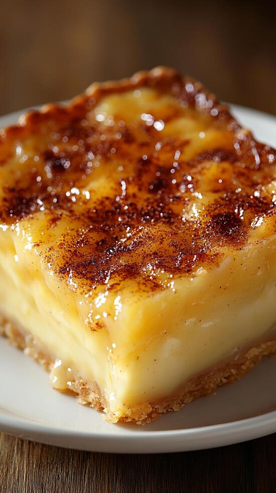 A delectable slice of creamy custard tart, adorned with a sprinkle of cinnamon and a glistening golden glaze. This baked dessert i photo