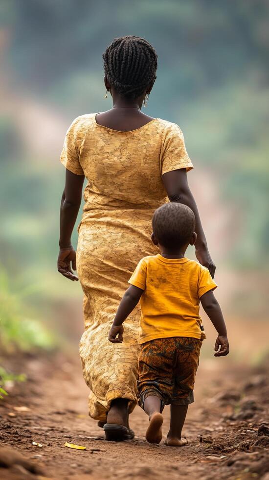 A Mother and Child Walking Together on a Dirt Road in Rural Africa A Story of Love, Family, and Hope. This poignant image captures photo