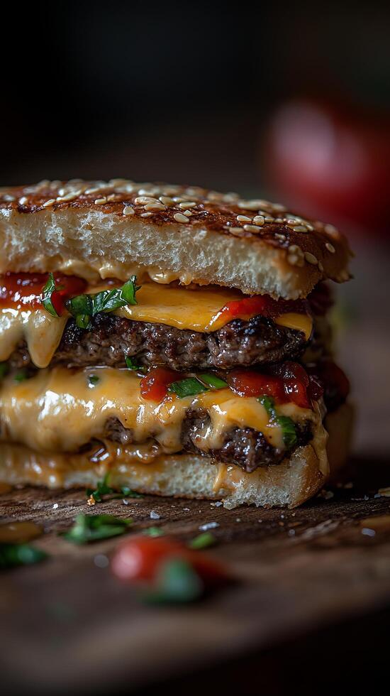Mouthwatering Double Cheeseburger A Culinary Masterpiece. Indulge in this juicy, double beef patty delight, layered with melted ch photo