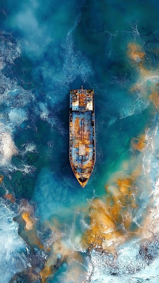 A captivating aerial shot of an old shipwreck resting on the ocean floor, surrounded by swirling turquoise waters and golden hued photo