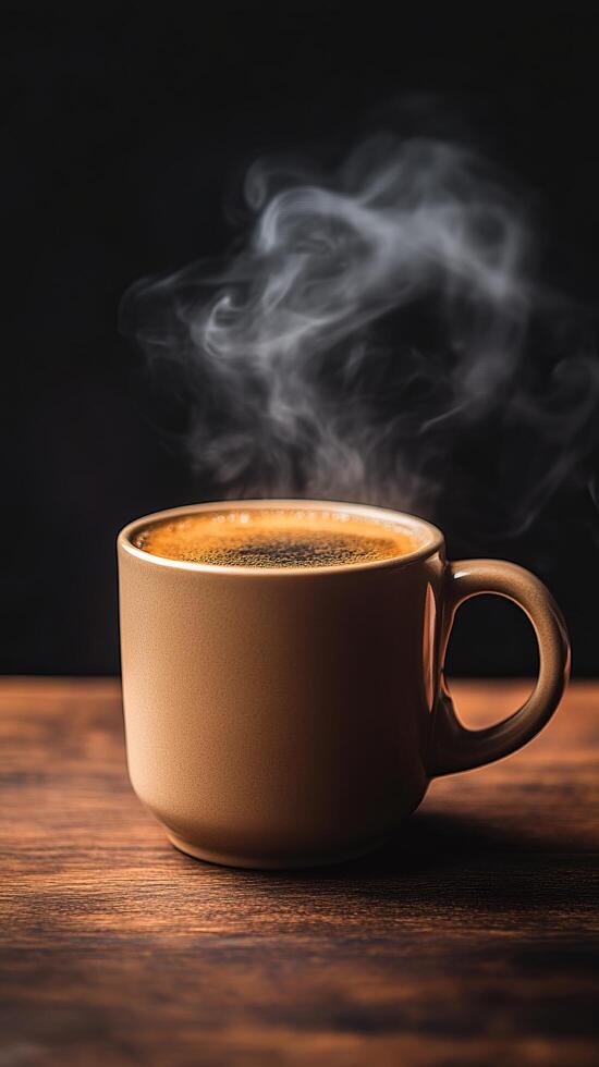 Aromatic Coffee in a Beige Mug A Captivating Still Life. Indulge in the rich aroma and warmth of freshly brewed coffee, captured i photo