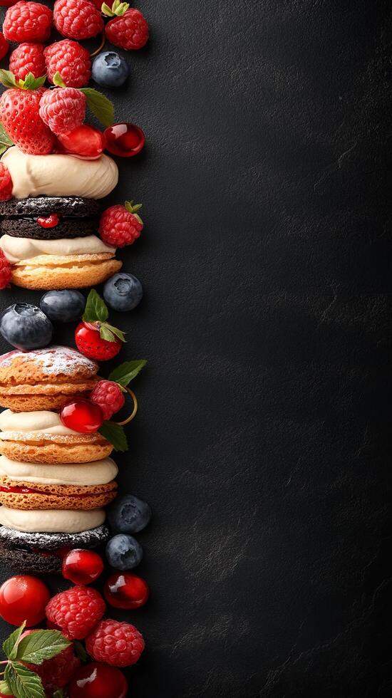 A delectable vertical composition showcasing an assortment of exquisite pastries and an array of vibrant summer berries, artfully photo