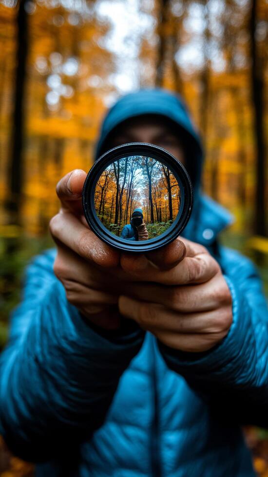 Autumnal Forest Photography A Captivating Lens Reflection of Golden Trees and Serene Scenery. An Immersive Journey into Natures Em photo