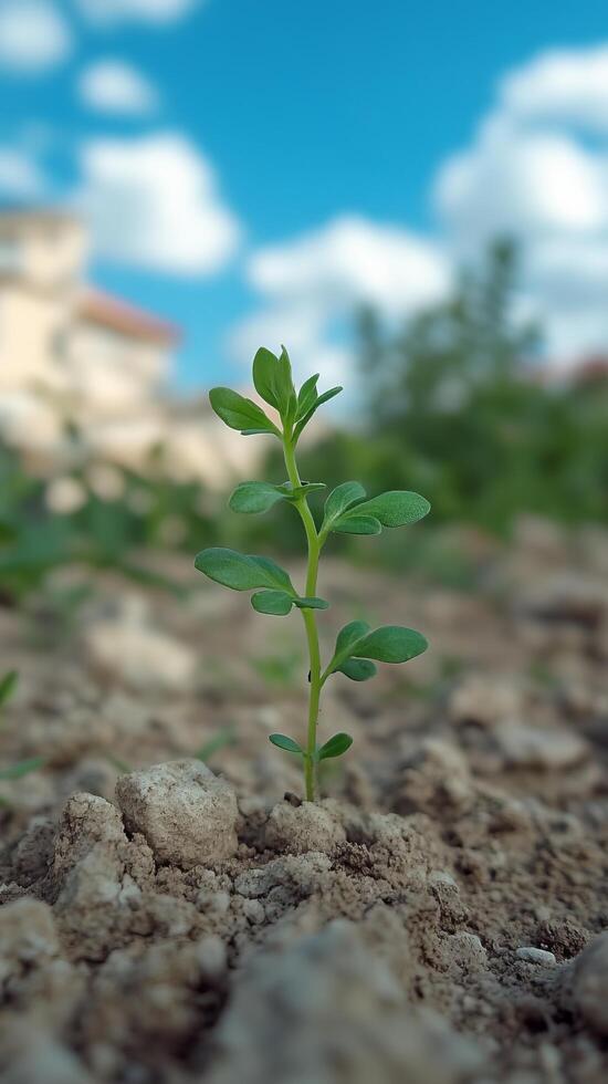 A Delicate Seedling Reaching for the Sky A Symbol of New Growth and Lifes Beginnings. This captivating image showcases a tiny plan photo