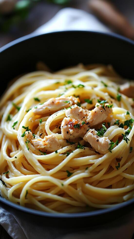 Aromatic Chicken Spaghetti A Culinary Delight. This image showcases a delectable dish of spaghetti tossed with succulent chicken p photo