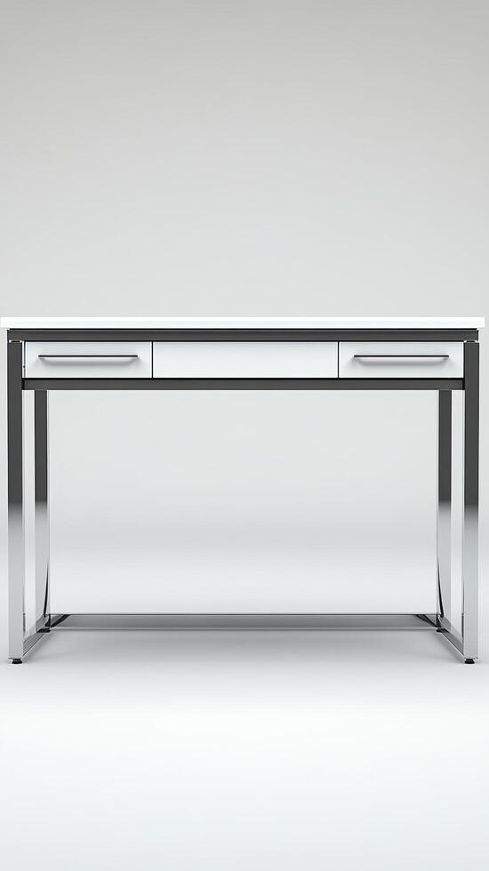 Modern Minimalist White Desk with Chrome Legs A Clean and Stylish Workspace for Home or Office. This contemporary design features photo