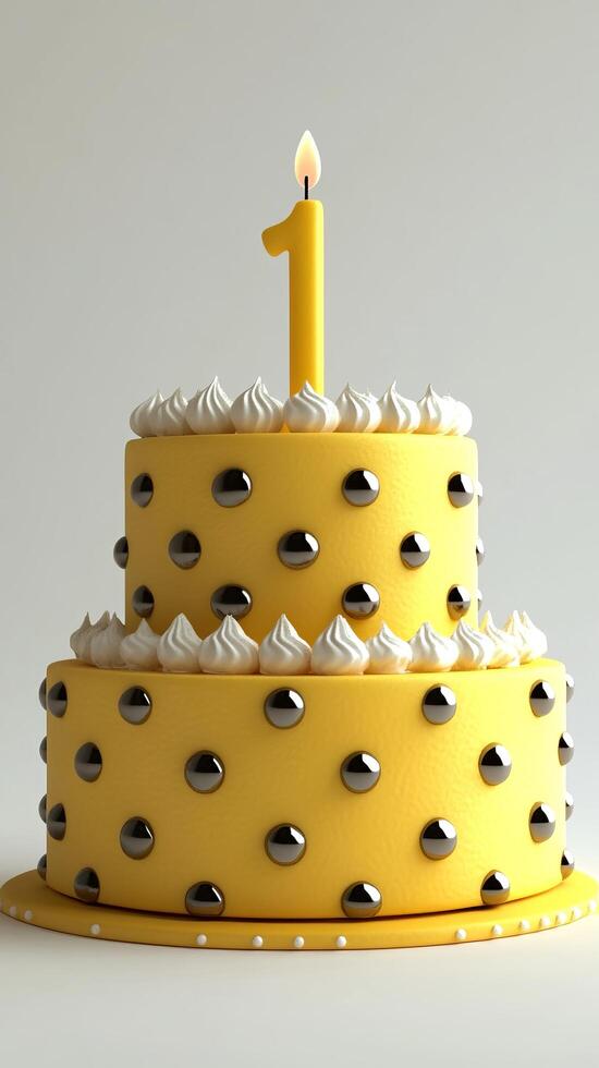 A delightful first birthday cake, a two layered masterpiece in sunny yellow with elegant silver accents. The single lit candle add photo
