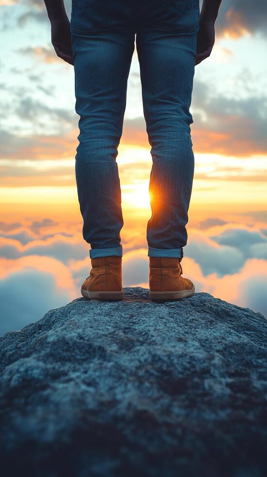 A breathtaking landscape photograph showcasing a solitary figure standing atop a mountain peak, gazing at a mesmerizing sunset ove photo