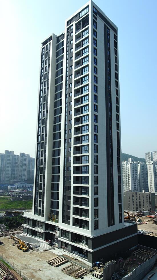 Modern Highrise Apartment Building Architectural Design and Urban Development. This image showcases a contemporary highrise reside photo