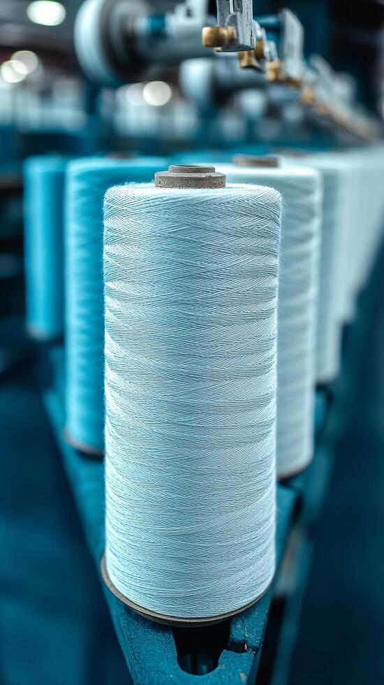 Detailed of Light Blue Thread Spools in a Textile Factory A Glimpse into the Industrial Manufacturing Process of Fine Yarns and F photo