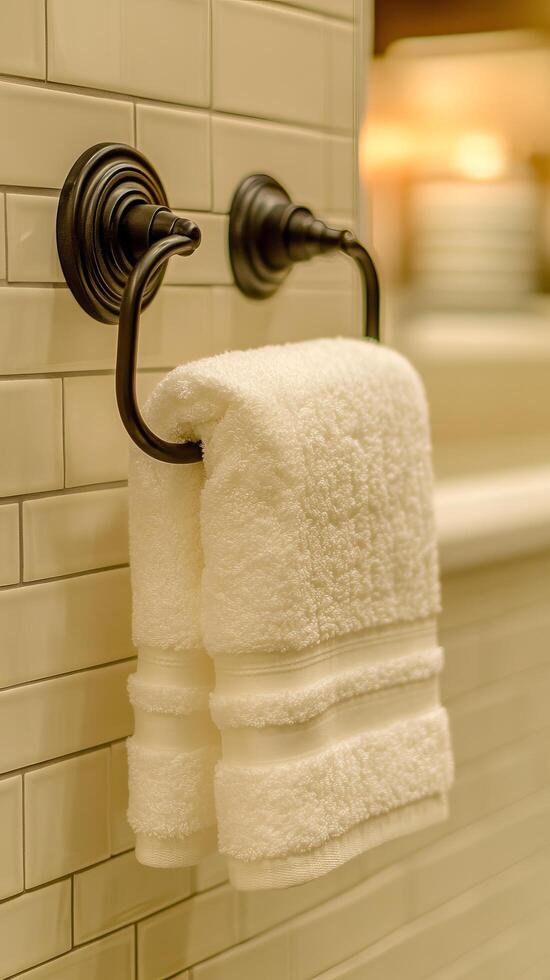 Experience the epitome of luxury and comfort with this pristine white towel hanging elegantly on a sleek towel rack, set against a photo