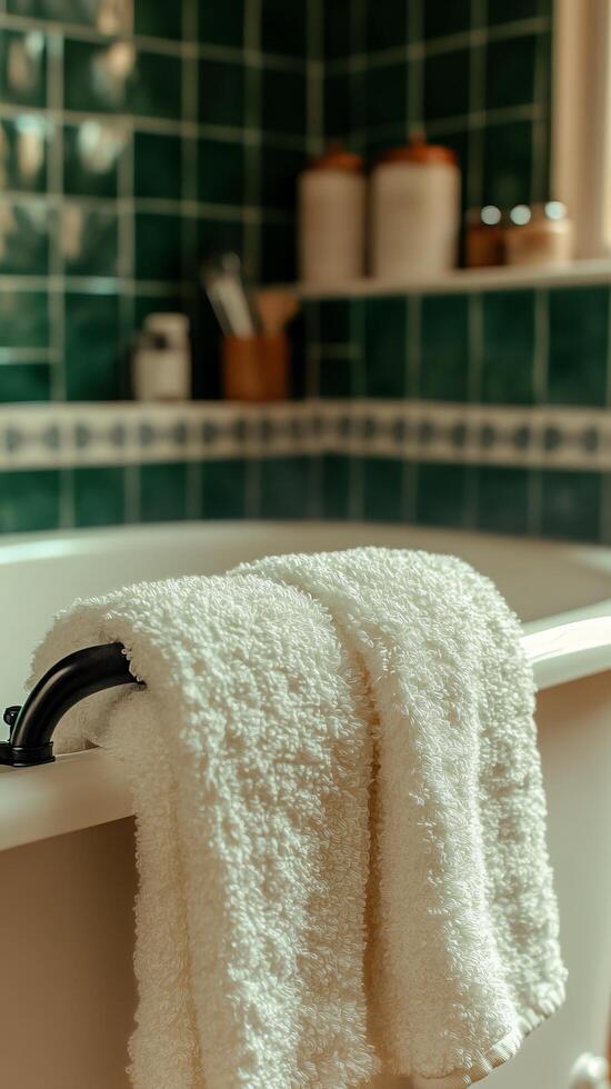 A Luxurious Bathroom Setting Soft White Towels on a Vintage Style Tub, Green Tiled Walls, and Serene Ambiance. Perfect for Relaxat photo